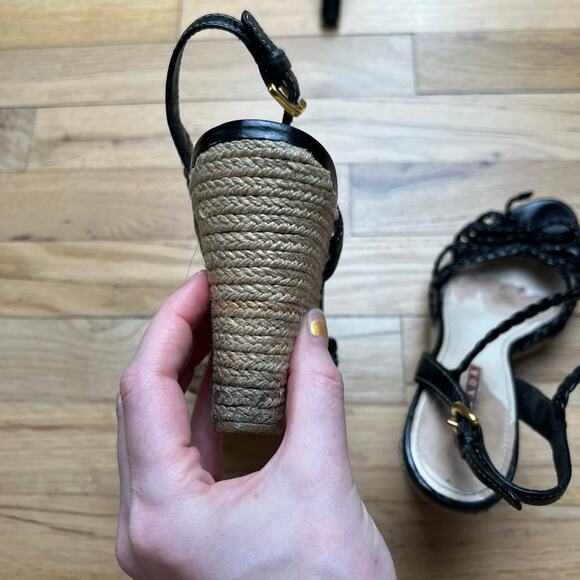 Prada Women's 35 US 5 Leather Braided Espadrilles Black Strappy Sandals Luxury - Picture 13 of 16